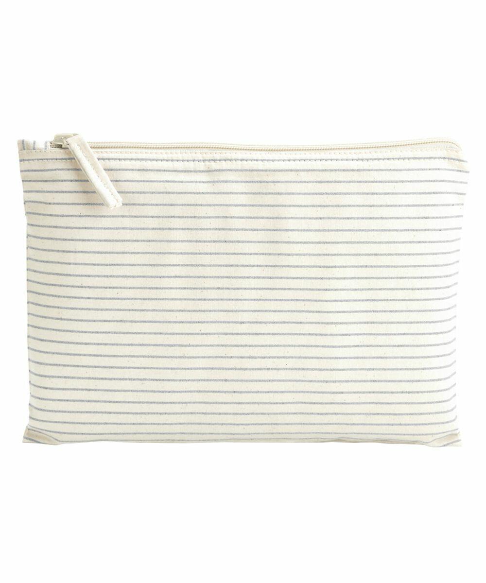 The Westford Mill WM253 is a rectangular cream pouch featuring horizontal thin black stripes and a zip closure at the top.