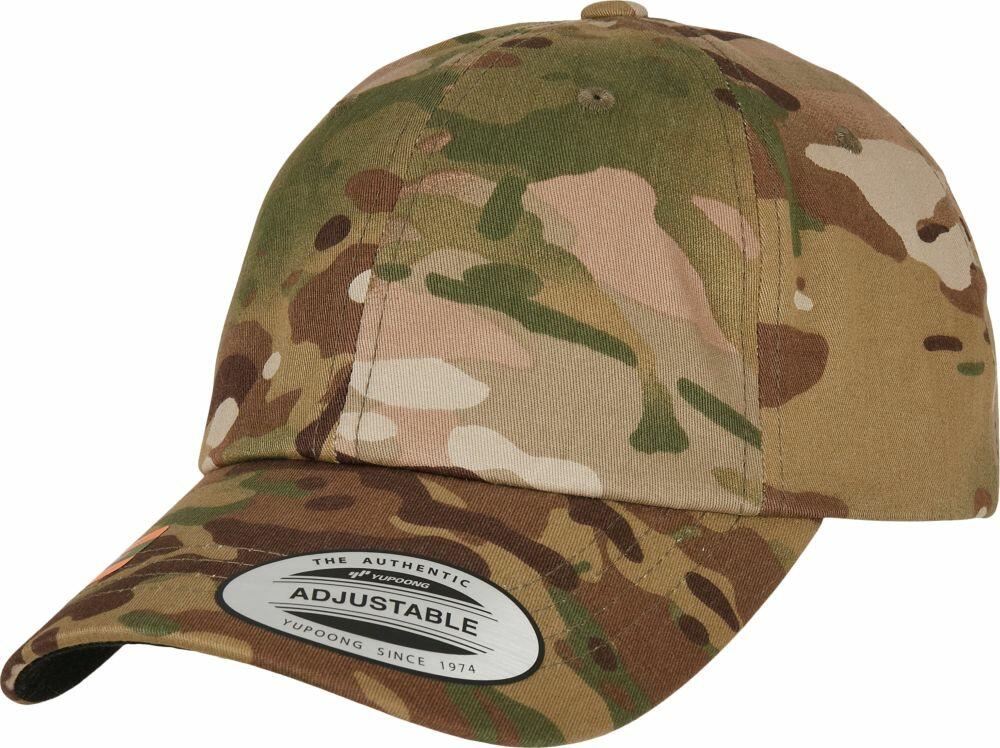 A YP096 camouflage baseball cap by Flexfit By Yupoong, featuring an adjustable strap and a sticker on the brim.
