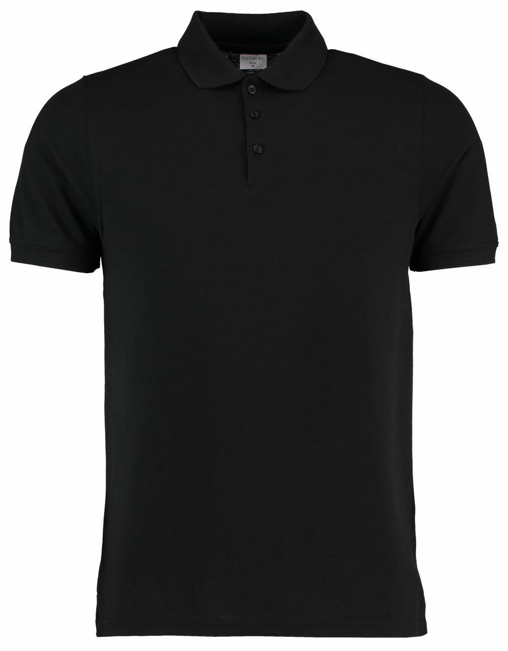 KK408 by Kustom Kit is a black short-sleeve polo shirt featuring a collar and three buttons.