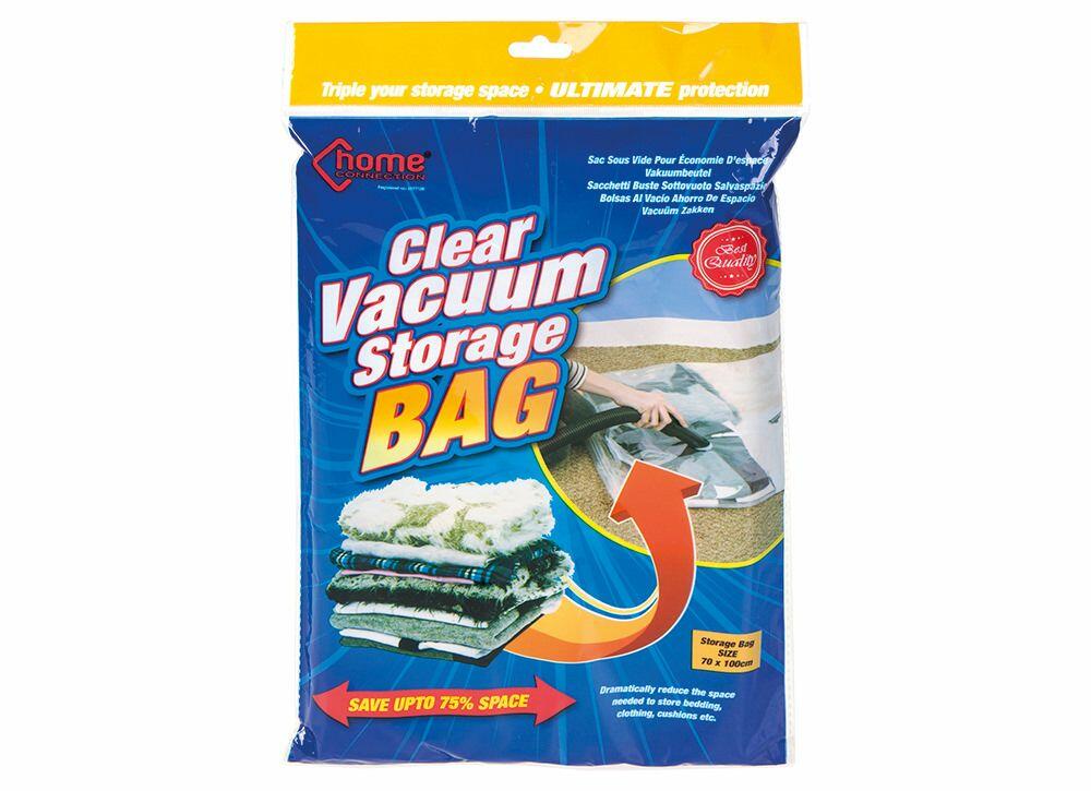 Packaging of a Home & Living HL171 vacuum storage bag, showcasing images of folded clothes and a vacuum nozzle to emphasize its space-saving advantages and protective features.