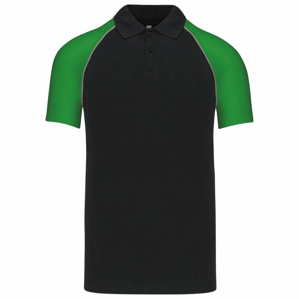 The product named KB226 is a black polo shirt from the brand Kariban, featuring green short sleeves and a collar.