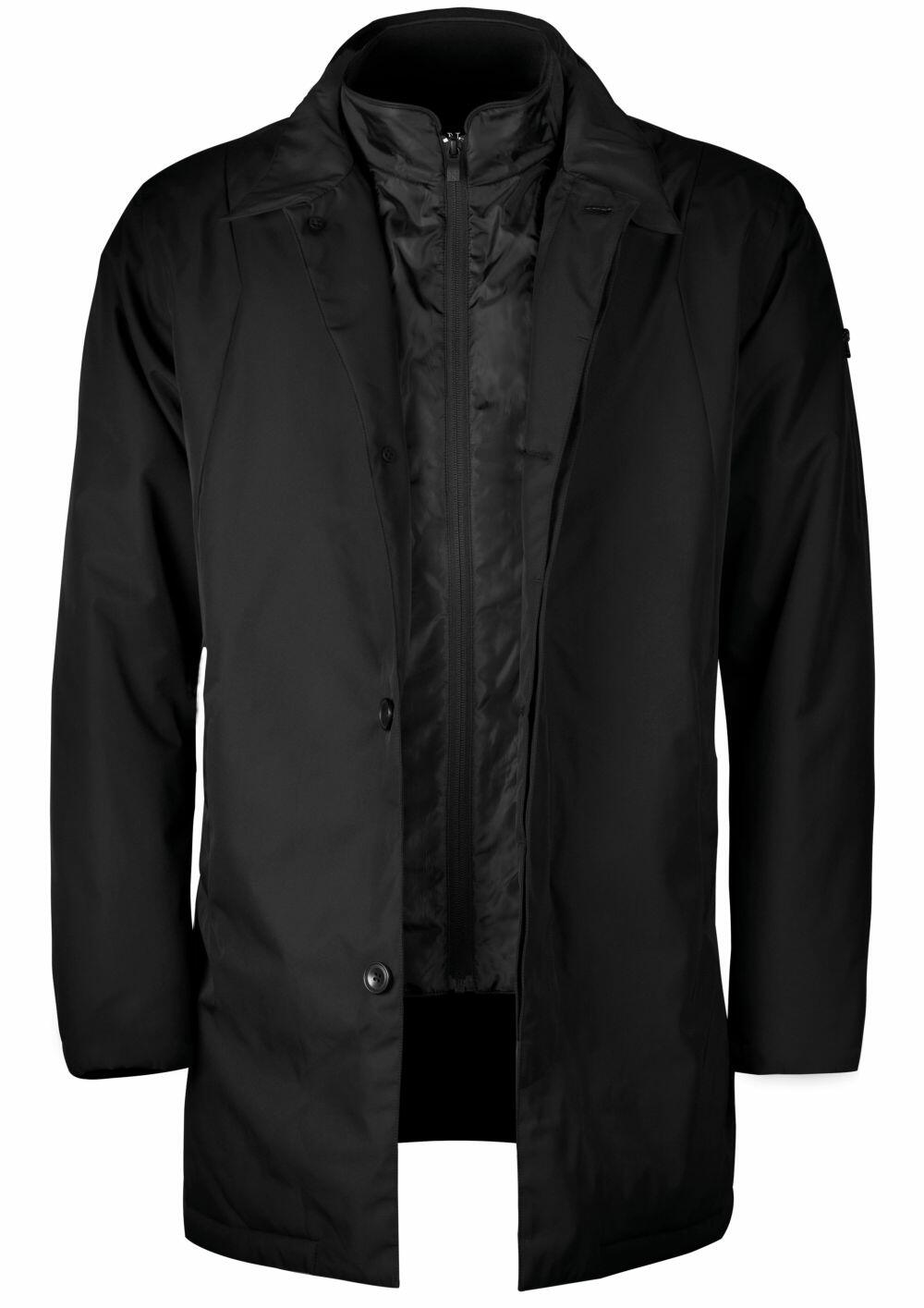 Presenting the Nimbus N105M, a black trench coat featuring long sleeves, a button-up design, and a visible inner lining, all showcased against a white background.