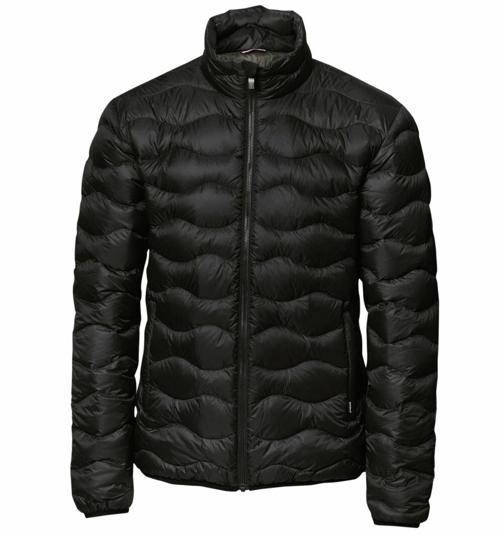 Introducing the Nimbus NB60M: a sleek black puffer jacket featuring a front zipper, high collar, and a stylish quilted design.