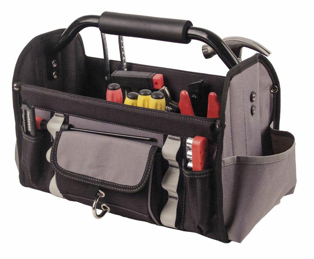 The Portwest PW451 tool bag is equipped with a variety of tools such as screwdrivers, pliers, and a saw. It features a black handle and multiple compartments for organized storage.