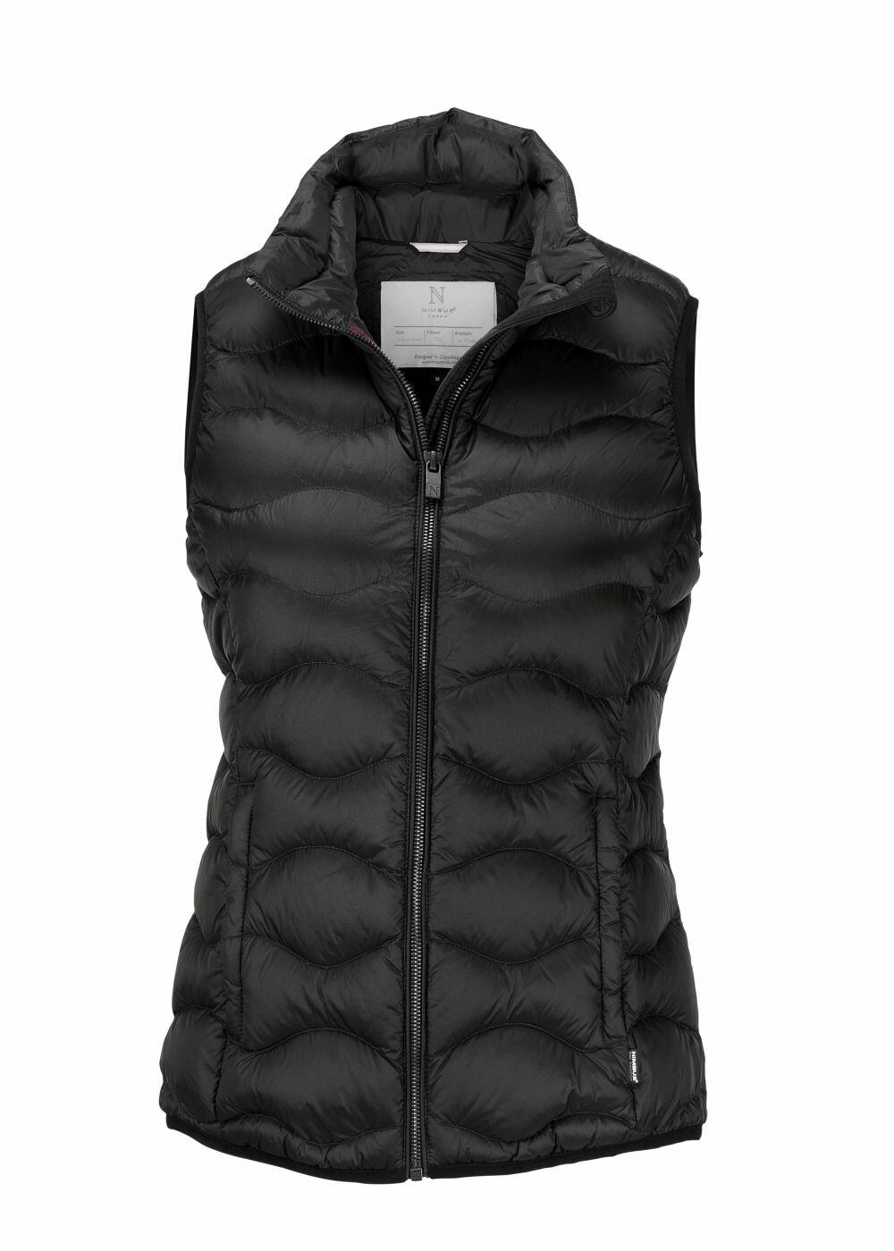 The NB79F by Nimbus is a black, puffy sleeveless vest featuring a front zipper and high collar, displayed against a white background.