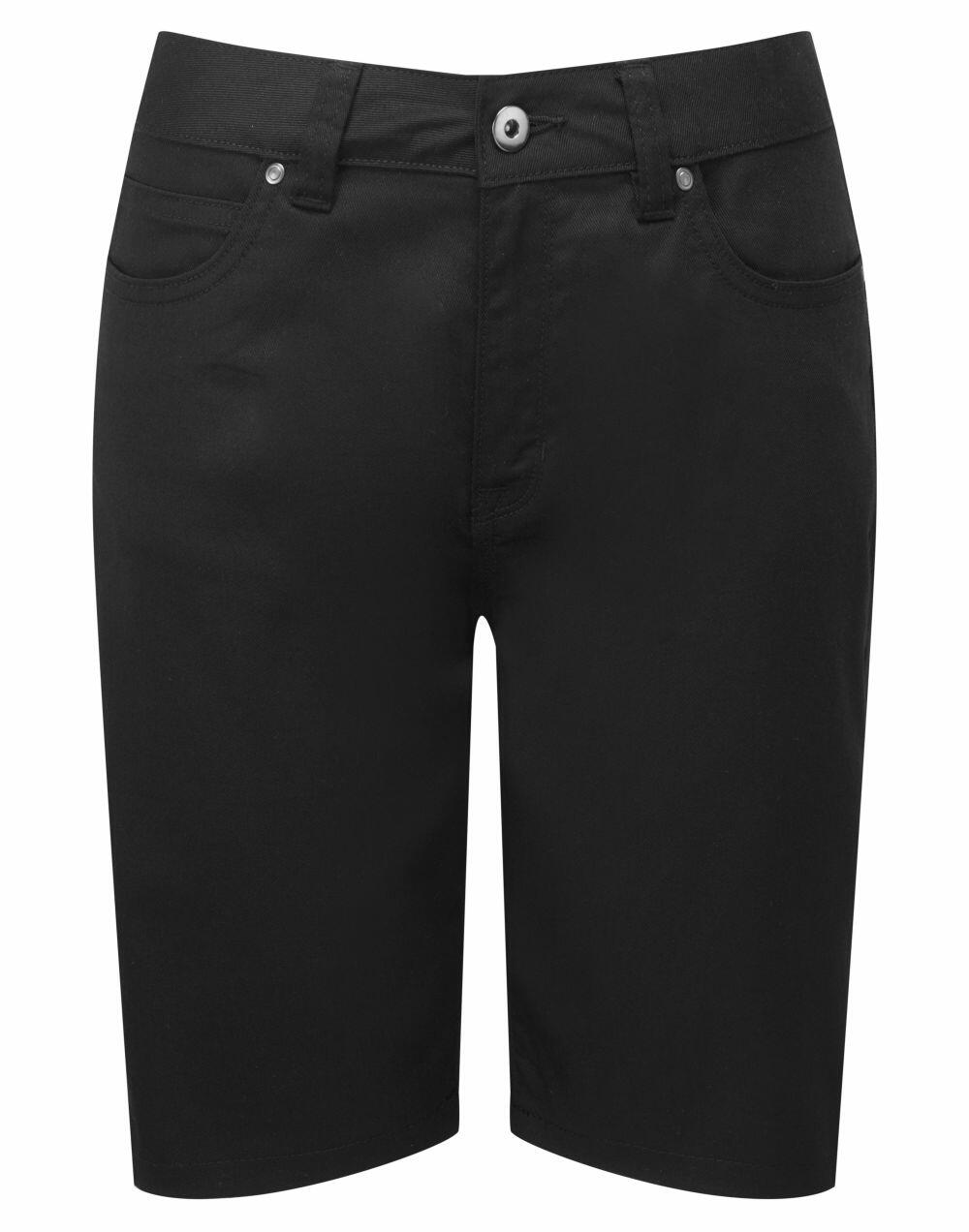 The Premier PR572 shorts are black, knee-length with a button and zip closure, featuring both front and back pockets.