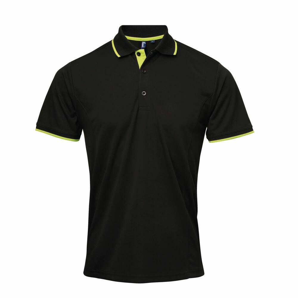 A Premier PR618 polo shirt featuring a dark green shade with short sleeves and lime green accents on the collar and sleeve edges.