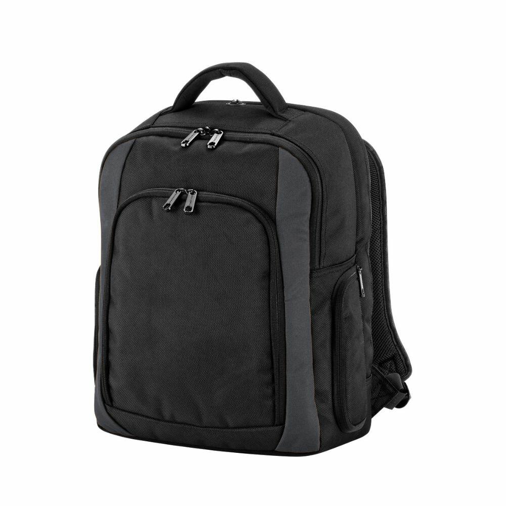 The Quadra QD968 is a black and gray backpack featuring multiple zippered compartments and a top handle.