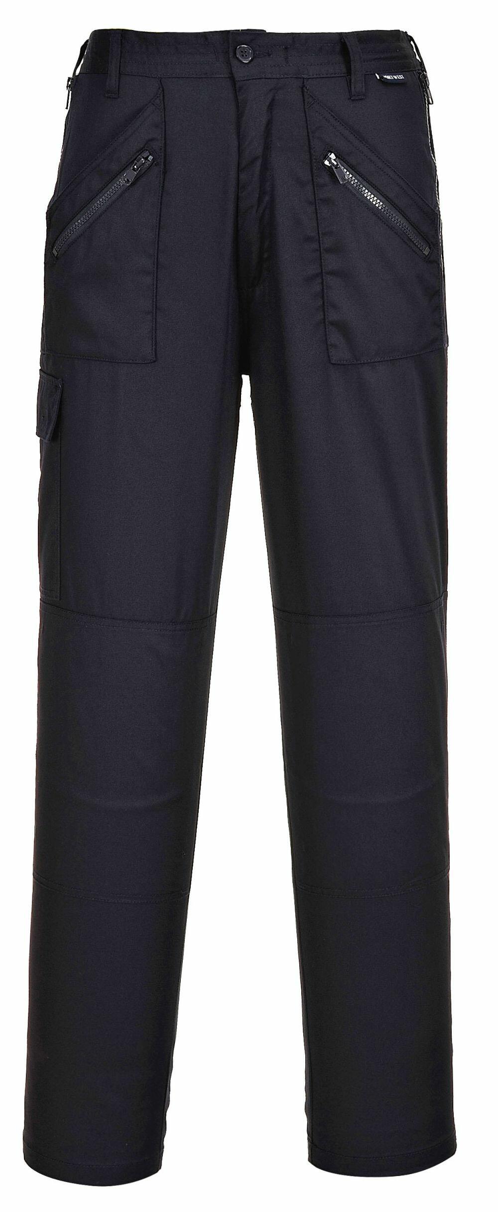 Portwest's PW108 cargo pants featuring a straight leg design and zippered front pockets in black.
