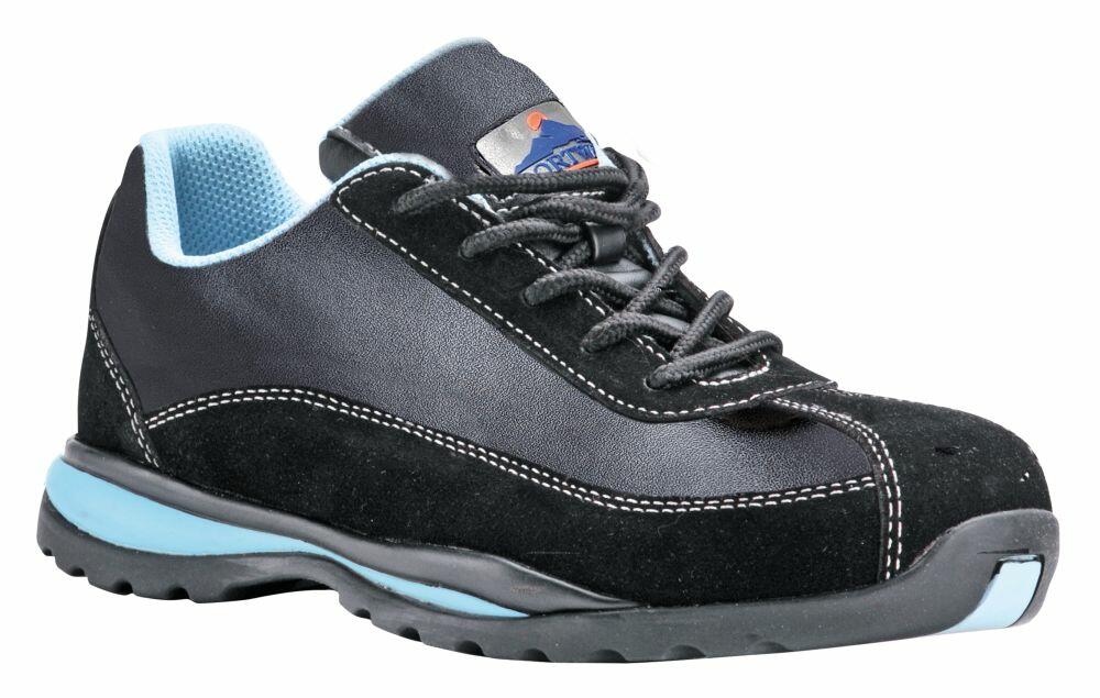 The PW310 sneaker by Portwest features a black and blue design with white stitching and a rugged sole.