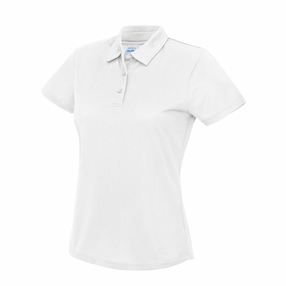 A JC045 white women's polo shirt from AWDis Just Cool, featuring short sleeves and a folded collar, displayed against a white background.