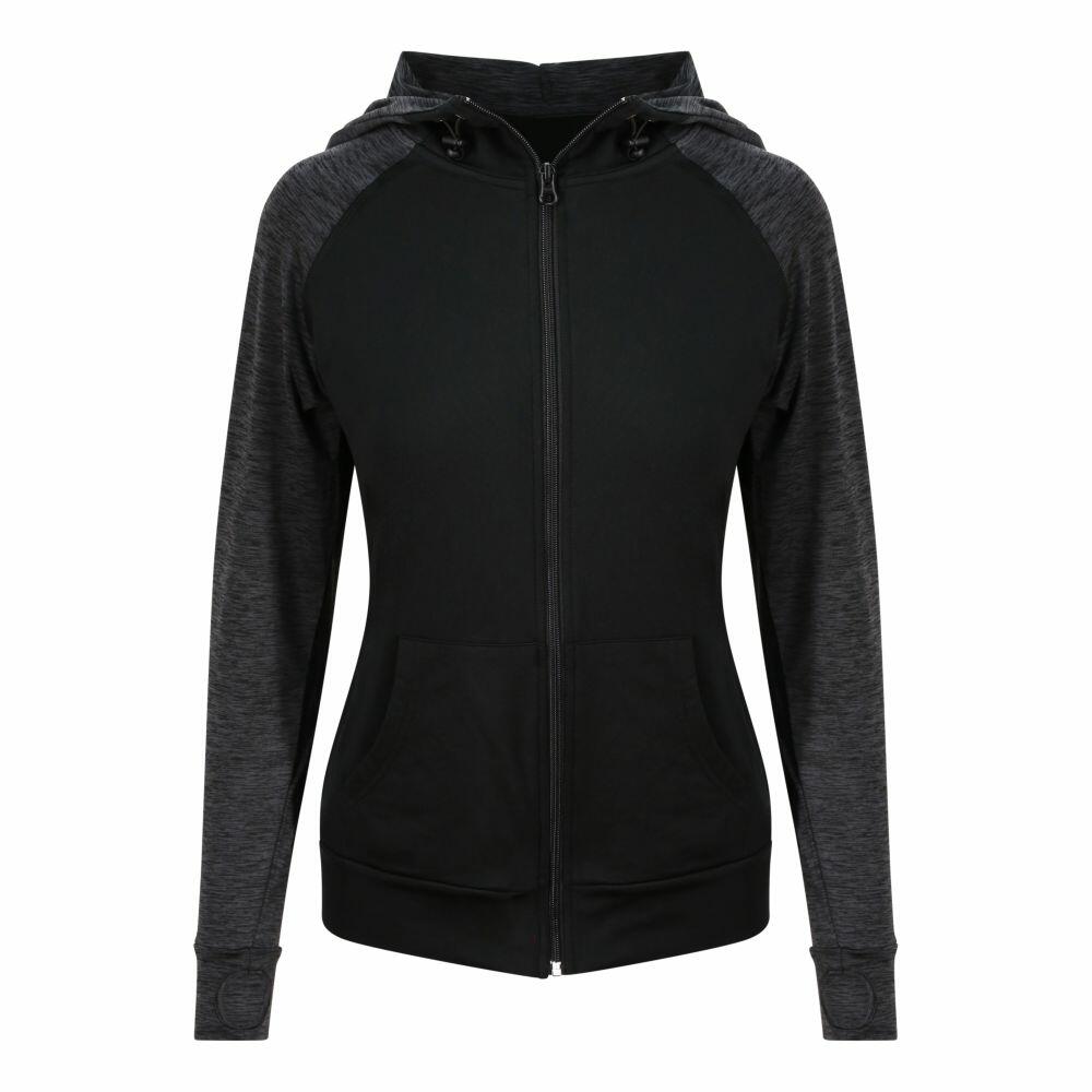 AWDis Just Cool JC058 black and gray zip-up hoodie featuring front pockets and a hood, showcased against a white background.