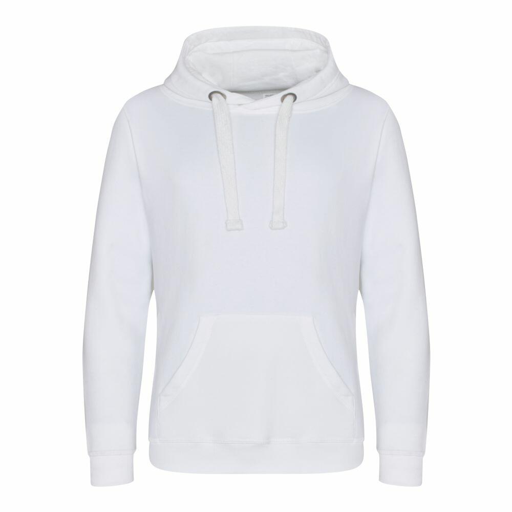JH101 by AWDis Just Hoods, a white hoodie featuring drawstrings and a front pocket, showcased against a simple background.