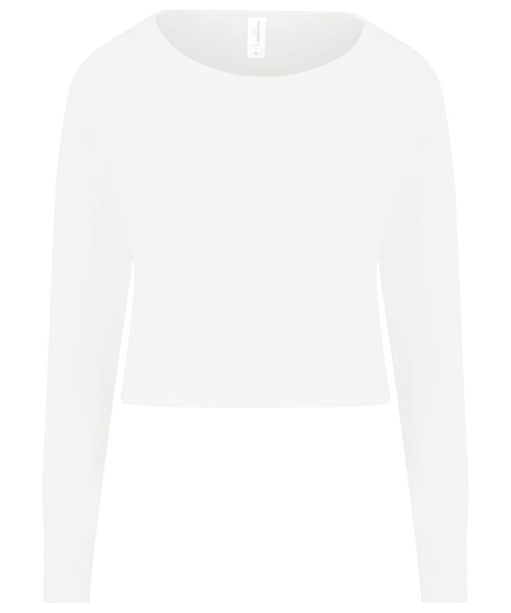 The JH035 by AWDis Just Hoods is a plain white long-sleeve cropped top featuring a round neckline.