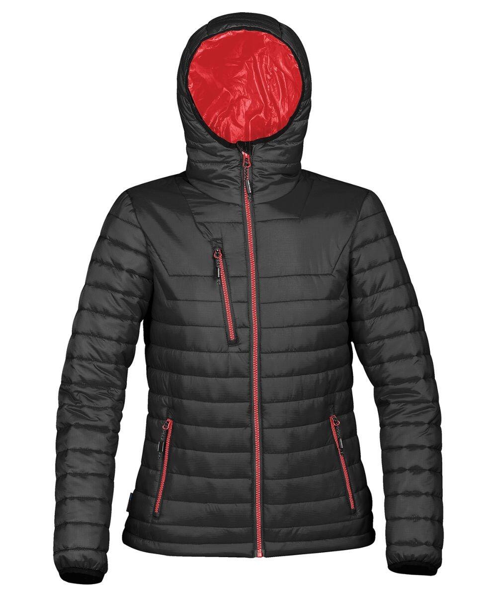 ST804 by Stormtech: A black hooded puffer jacket featuring red zipper accents and a red inner lining.