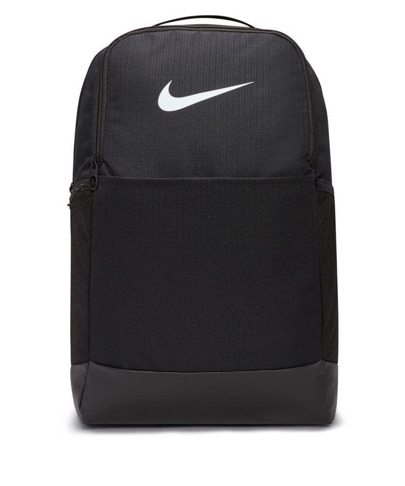 The Nike NK351 backpack is designed in black with a white swoosh logo, featuring a front pocket and a sleek, minimalist style.