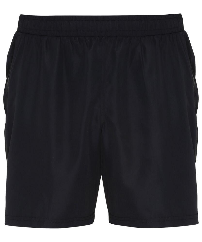 The TR052 shorts by Tri-Dri are plain black athletic shorts featuring an elastic waistband and side pockets.