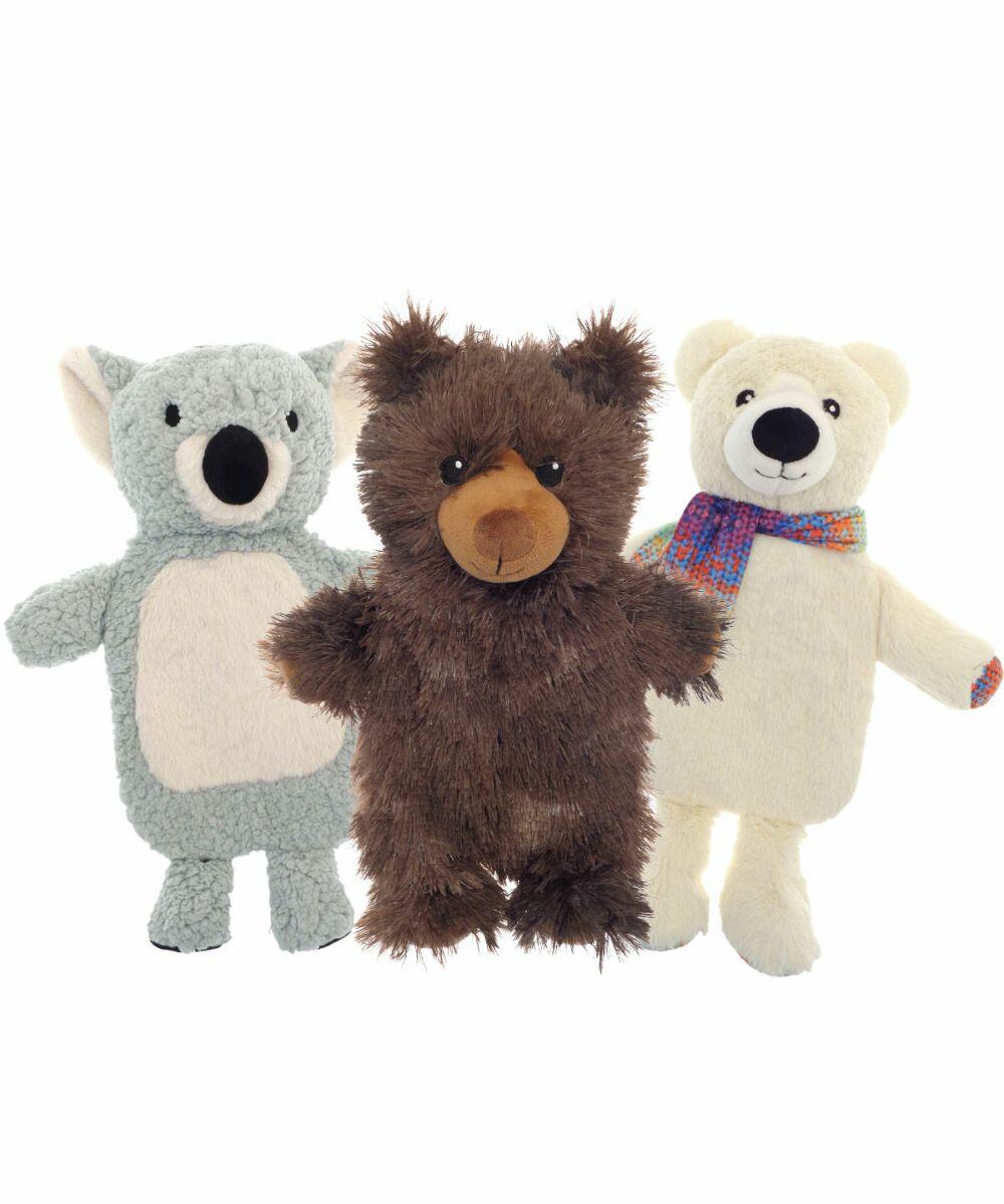 Three stuffed animals are shown: a gray koala, a brown bear, and a white polar bear wearing a colorful scarf. They are standing in a line against a white background. The product featured is HL213 from Home & Living.