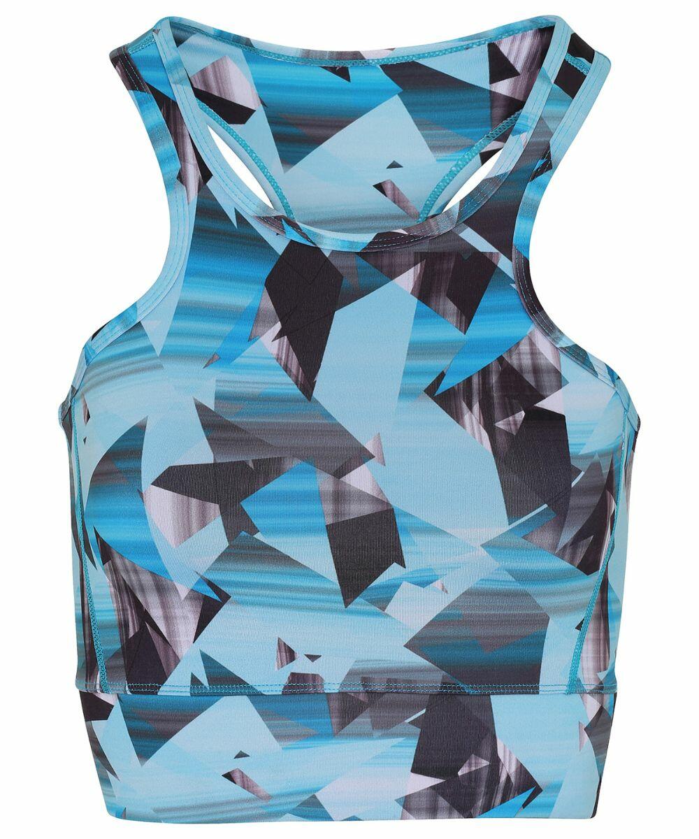 A Tri-Dri TR921 sleeveless sports tank top featuring a blue, black, and gray geometric pattern.