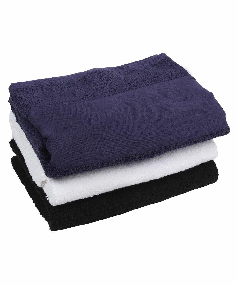 A stack of three folded Towel City TC035 towels in descending order of dark blue, white, and black placed against a white background.