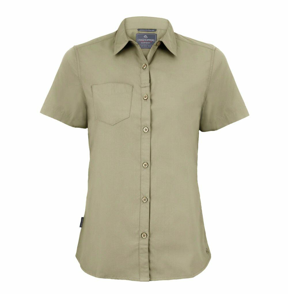 Craghoppers CR543, an olive green short-sleeve button-up shirt featuring a single chest pocket, is displayed on a white background.