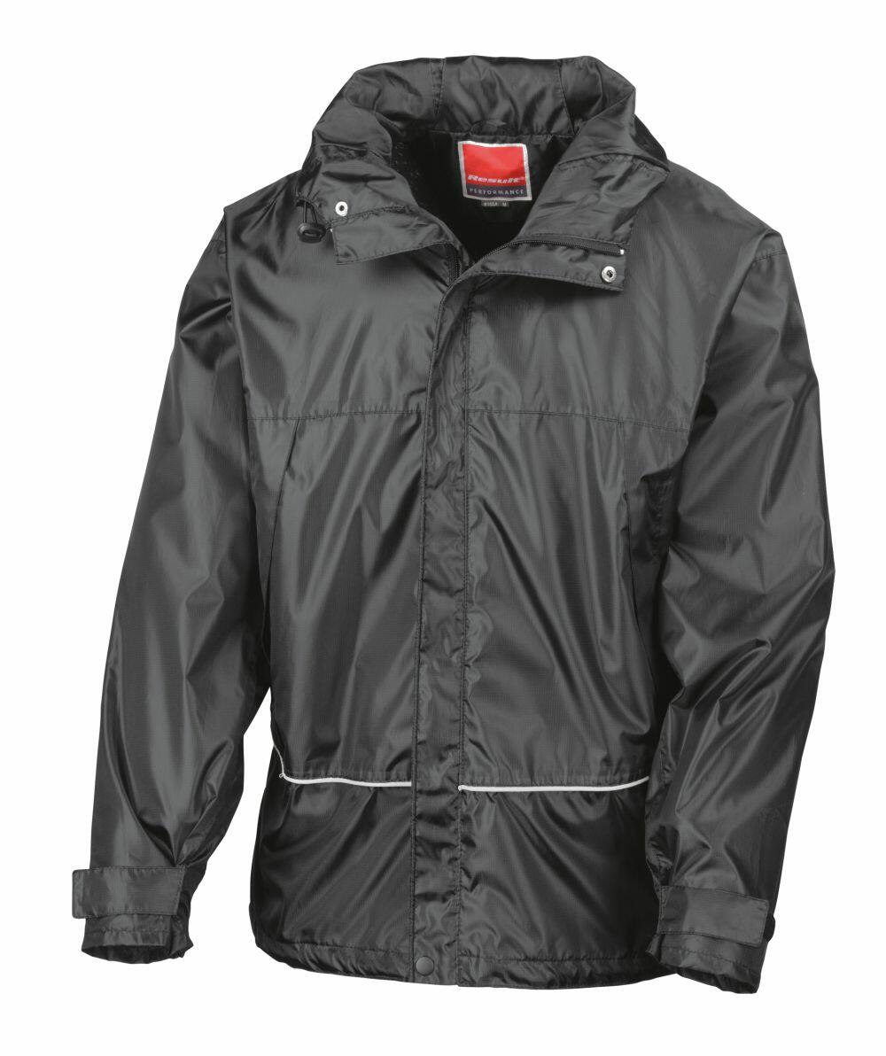 A black waterproof jacket from Result, identified as the R155a model, comes with a hood, adjustable cuffs, a front zipper, and features a red label inside the collar.