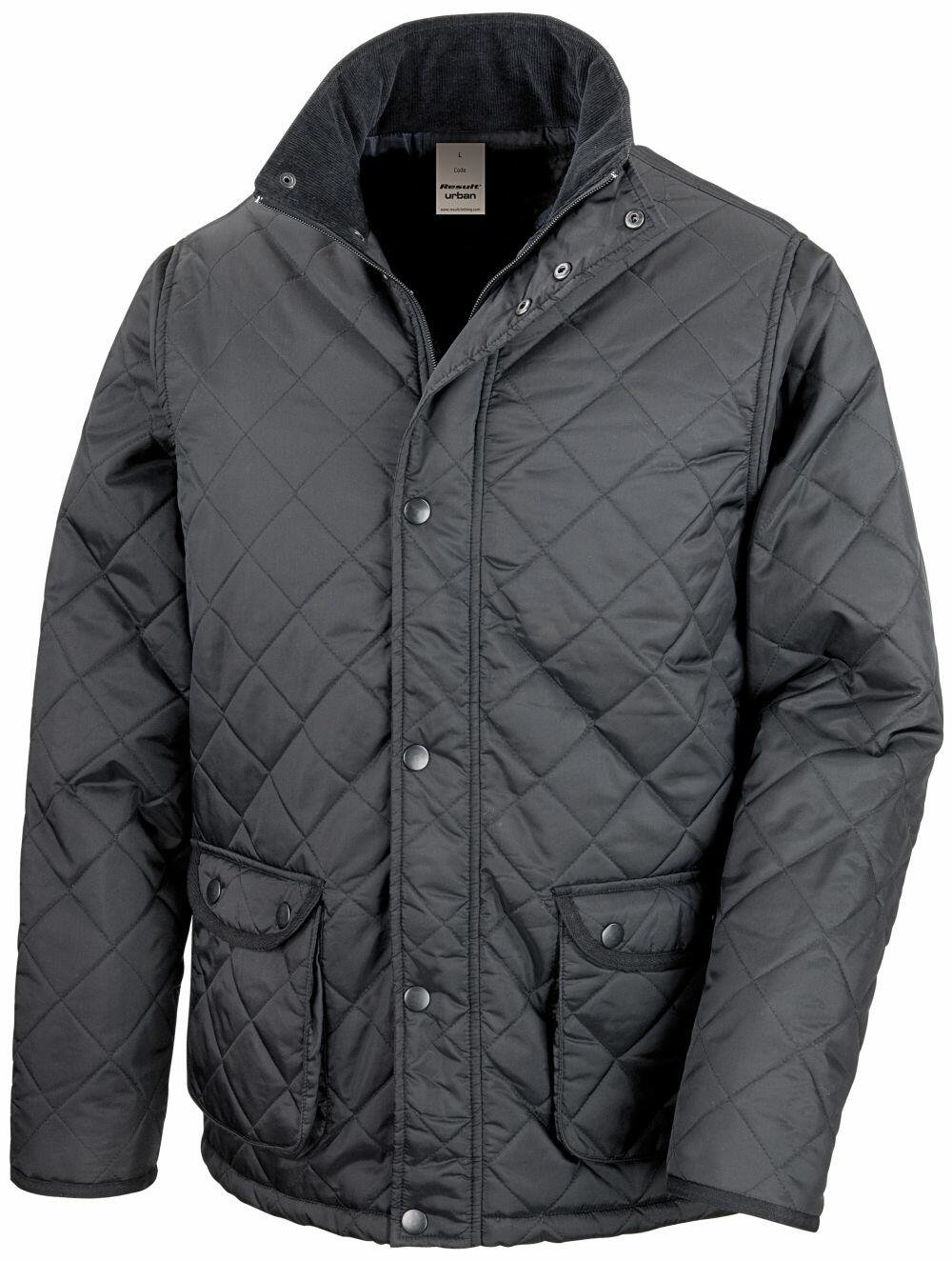 The Result Urban Outdoor R195X is a black quilted jacket featuring front snap buttons, two pockets, and a high collar.