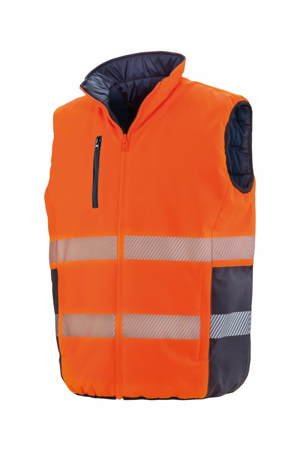 A Result Safeguard R332X safety vest in bright orange, featuring reflective stripes and a convenient zippered front pocket.