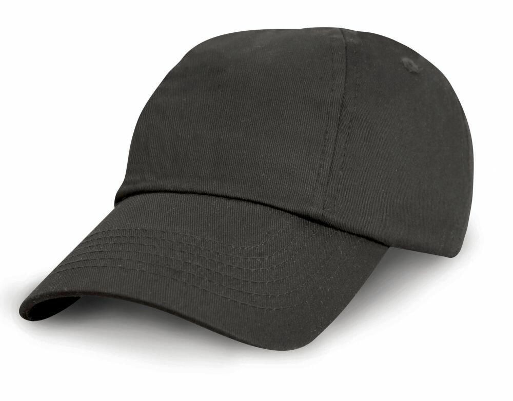 A classic black RC18J baseball cap by Result Headwear, featuring a curved brim, pictured from the front and slightly angled to the side.