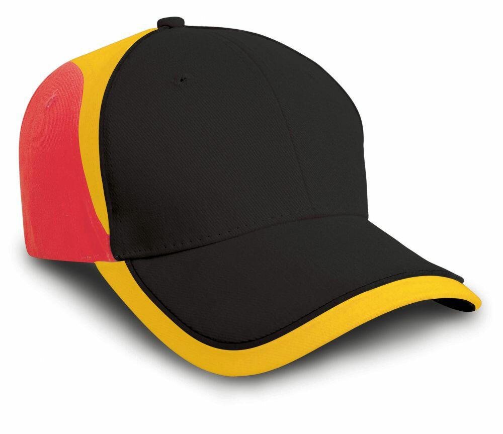 The RC62X by Result Headwear is a black baseball cap featuring a yellow trim and a red back panel.