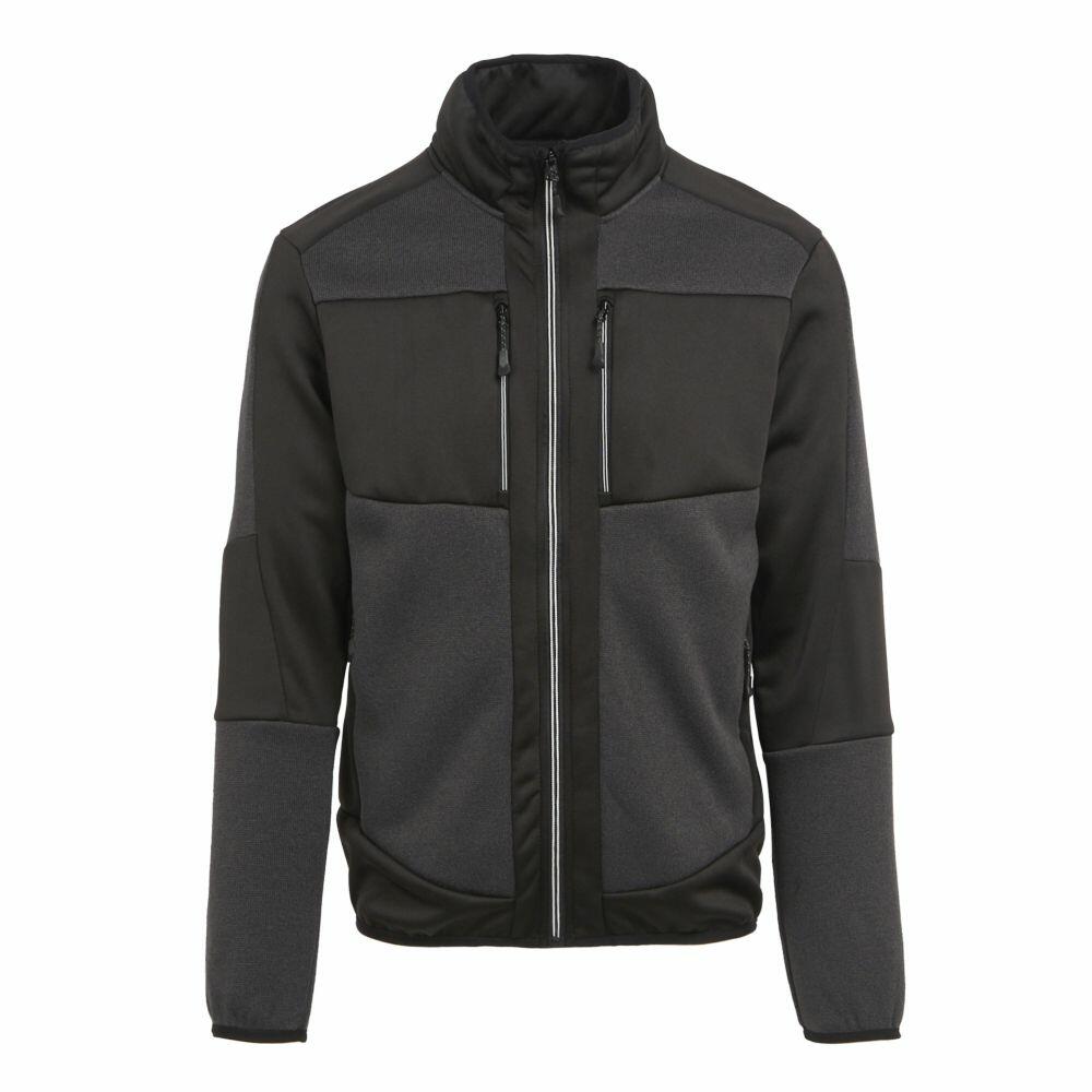 The RG545 by Regatta Professional is a zip-up jacket in black and gray, featuring a high collar, long sleeves, and two front zippered pockets.