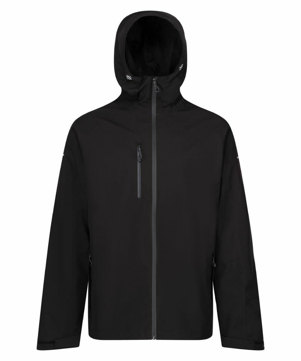 Regatta Professional's RG585 jacket is a black hooded design featuring a front zipper and three zippered pockets, with a plain look free from any visible logos.