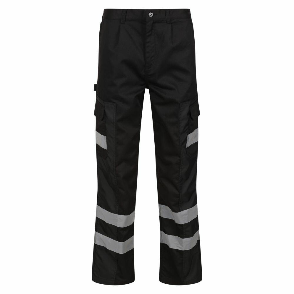 Regatta Professional's RG609 cargo pants in black, featuring reflective silver bands around the legs.