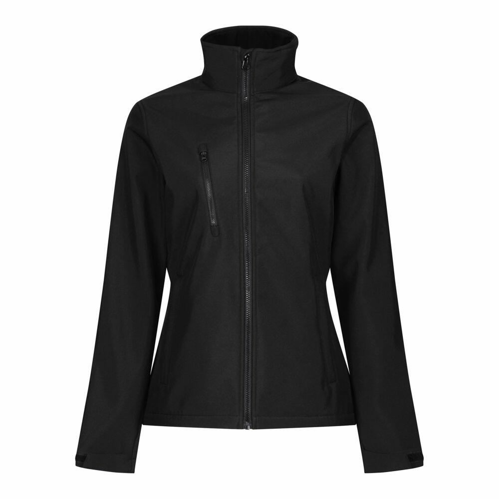 The RG027 by Regatta Professional is a black zip-up softshell jacket, featuring a high collar and long sleeves, with the addition of a vertical zip pocket on the chest.