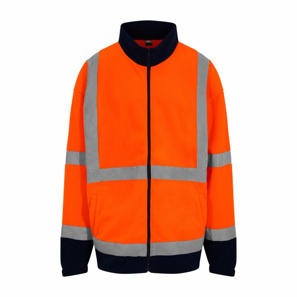 The RX750 high-visibility jacket by ProRTX is a bright orange color featuring reflective silver stripes on the front, sleeves, and hem.