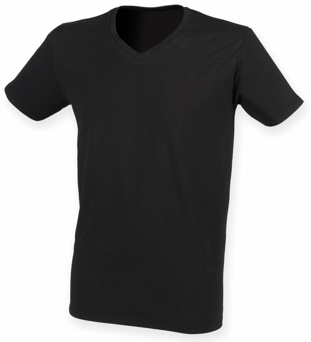 SF122 by Skinnifit, a plain black V-neck T-shirt, is showcased against a white background.