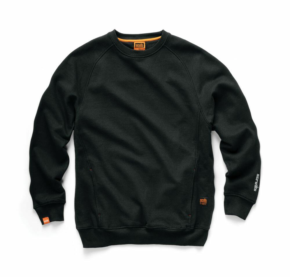 A Scruffs SH002 black long-sleeve sweatshirt with visible stitching, showcased against a white background.