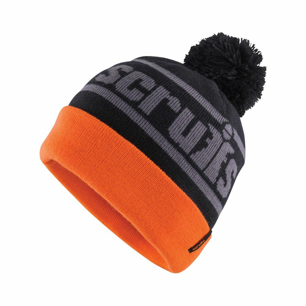 Orange and gray knit beanie with "Scruffs" branding, featuring a black pom-pom on top. Product Name: SH023.