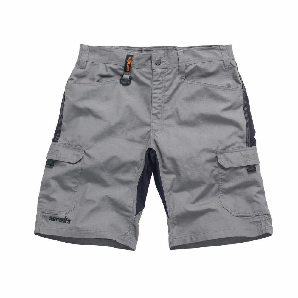 Scruffs SH025 cargo shorts in gray, featuring multiple pockets and a small black clip on the waistband.