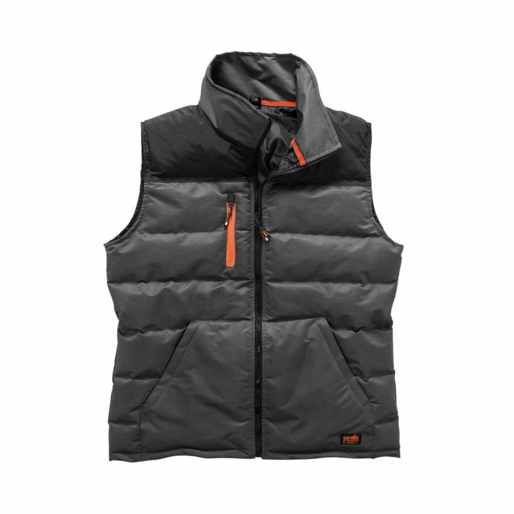 The Scruffs SH050 is a gray puffer vest featuring a high collar, black shoulder accents, and orange zipper details, displayed against a plain white background.