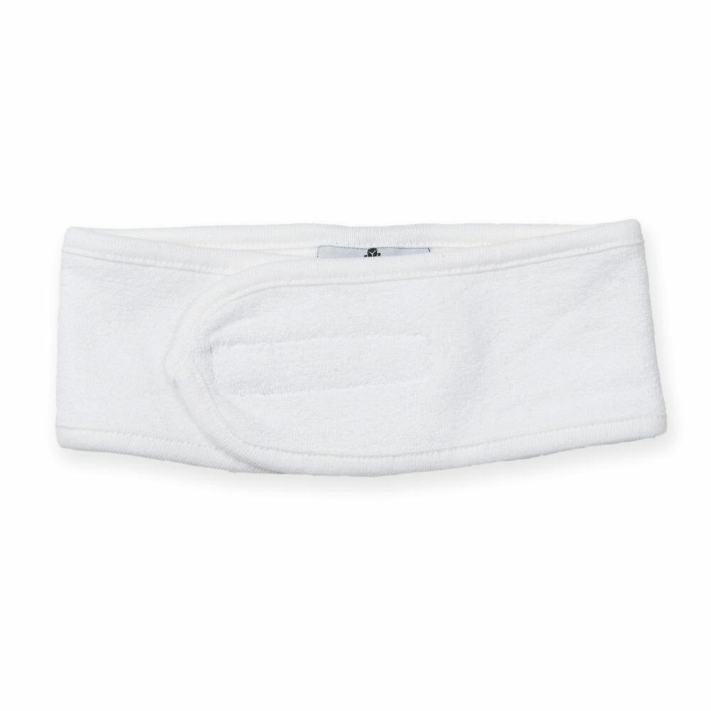 A Towel City TC062, an adjustable headband in white with a Velcro closure, laid flat on a white background.