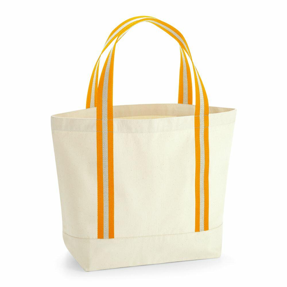 A Westford Mill WM690 bag made of beige canvas with orange striped handles stands upright against a plain background.