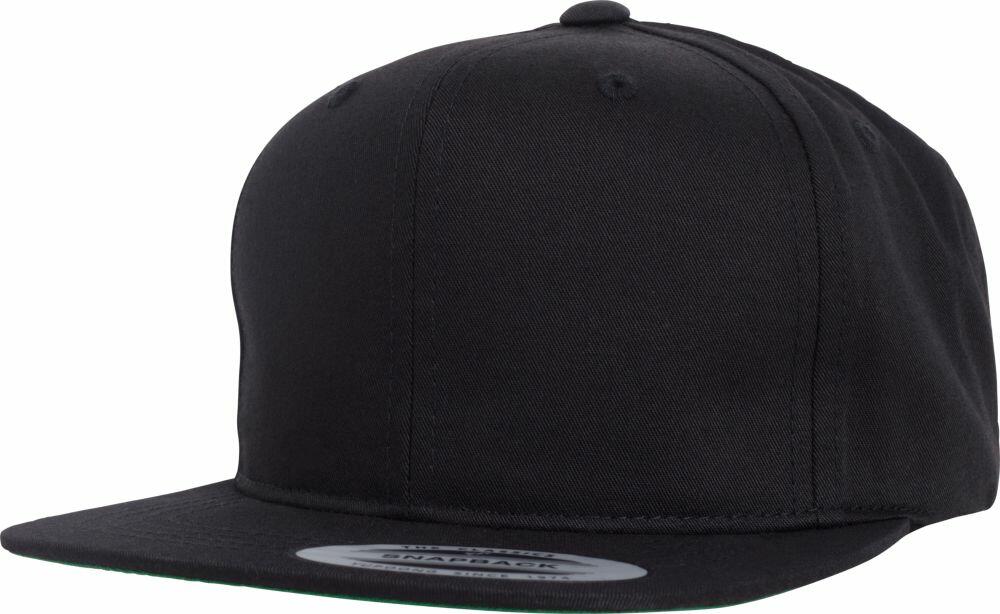 The YP225 by Flexfit By Yupoong is a plain black snapback cap featuring a flat brim and a sticker on the front.