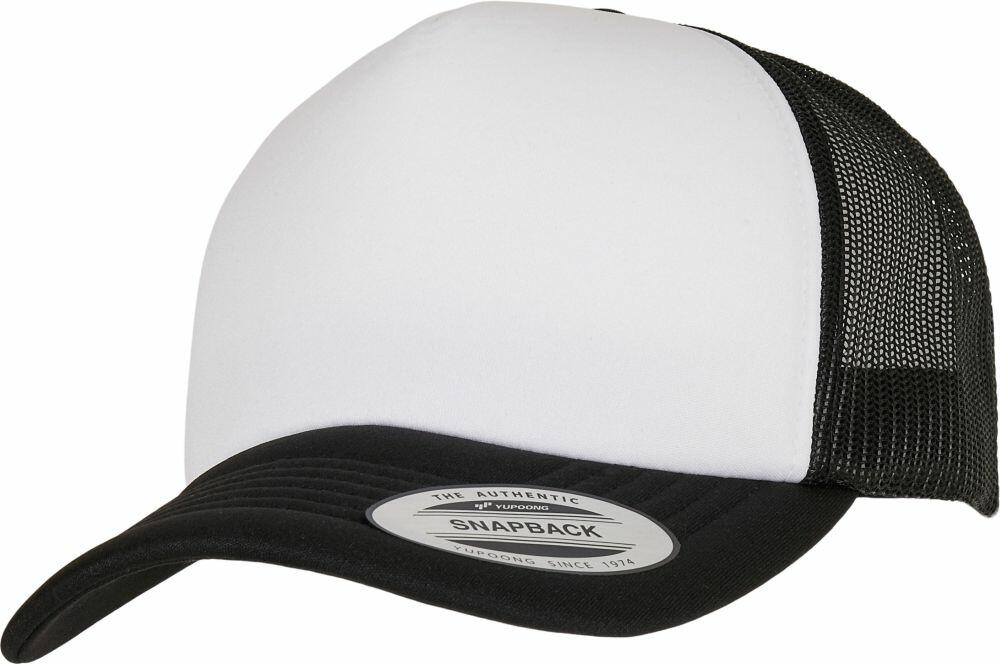 The YP227 by Flexfit By Yupoong is a black and white mesh-back trucker cap featuring a curved brim and a front sticker.