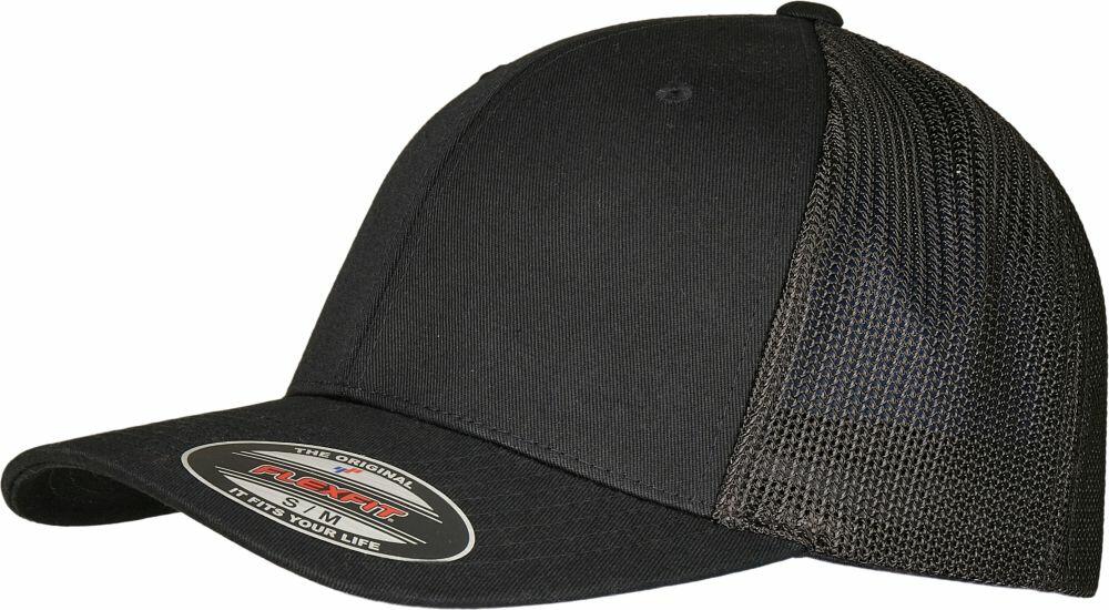 Flexfit By Yupoong's YP231 black snapback cap features a mesh design, curved brim, and front sticker.