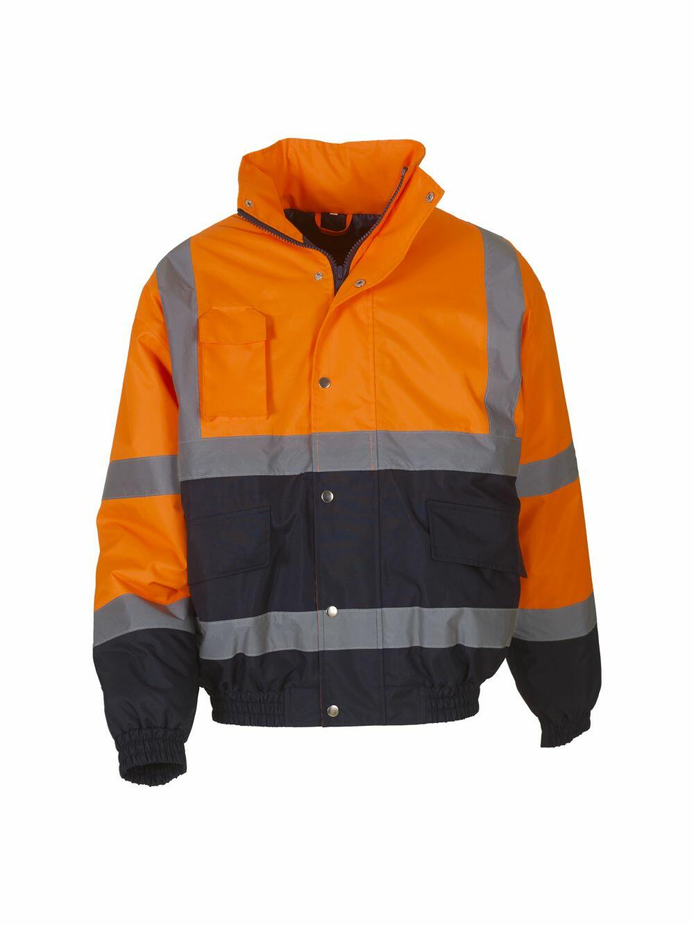 Orange and black Yoko YK044 high-visibility jacket featuring reflective stripes, a button front, and multiple pockets.