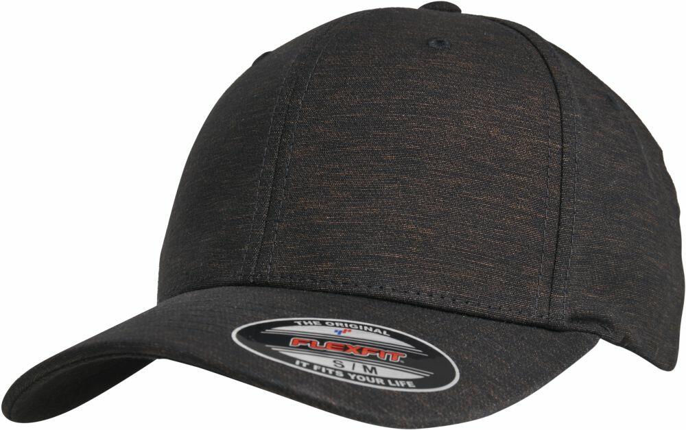 A black YP111 cap from Flexfit By Yupoong, featuring a curved brim and a size sticker on the front.