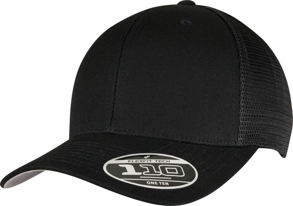 A black YP151 baseball cap by Flexfit By Yupoong features a mesh back and a sticker on the brim displaying "Flexfit Tech 110 One Ten.