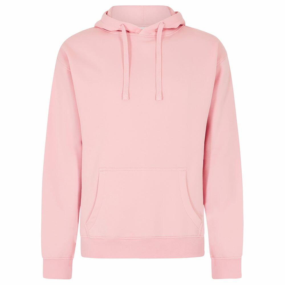 The KK333 by Kustom Kit is a plain pink hoodie featuring a front pocket and drawstring hood.