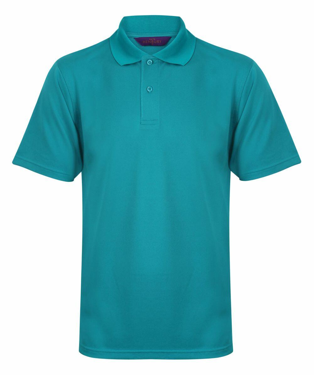 Henbury's HB475 is a teal short-sleeve polo shirt featuring a collar and three-button placket.